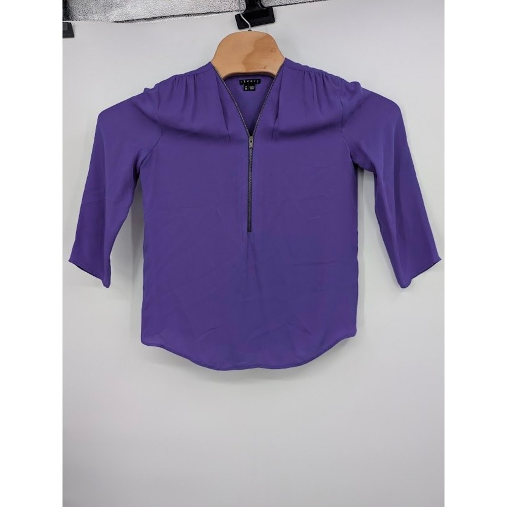 Theory Silk Zip Front V-Neck Blouse Purple 3/4 Sleeve Women's Petite Top